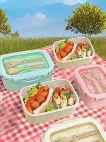 1 件学生午餐盒，带两个隔层，内置餐具套装，可重复使用的圆形和方形便当盒，微波炉加热（带盖），便携式轻便手持学生午餐盒，冰箱保存，适用于厨房、户外、学校用品和厨房用具、万圣节和圣诞节礼物、返校。 - 卡其色 - 查看 4