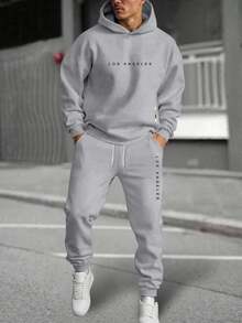 Conjunto deportivo para hombre, sudadera holgada con estampado de letras y pantalones deportivos - Gris - Ver 2