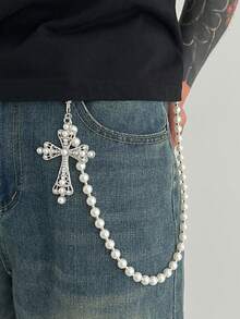 1Pc Fashion Personality Cross Baroque Imitation Pearl White Ladies Beaded Waist Chain Suitable For Daily Casual Gatherings - 白色 - 查看 1