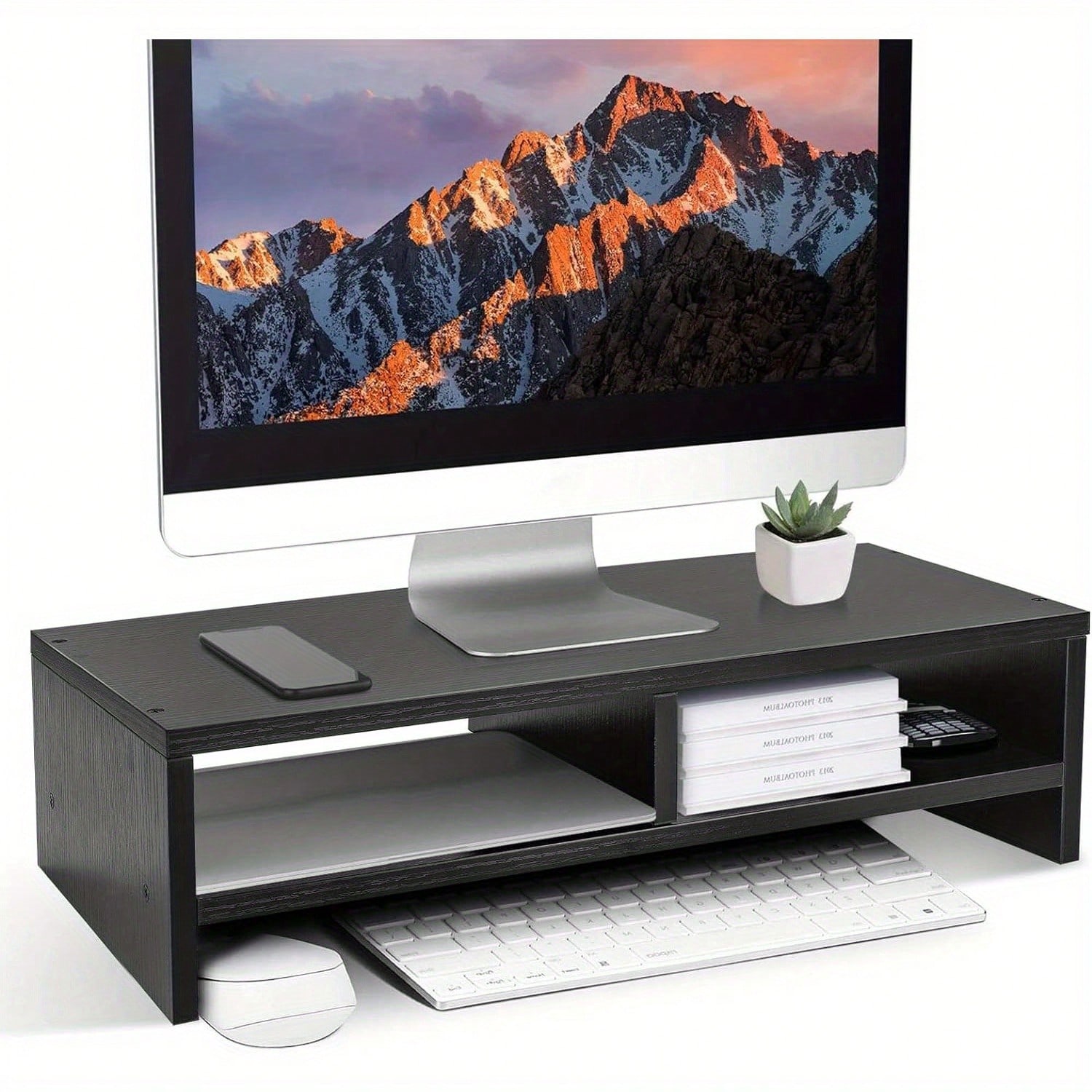 Wood Monitor Stand Riser, Monitor Stand 2 Tiers Computer Monitor Riser, Computer Stand, Laptop Stand With Storage Shelf For Home And Office
