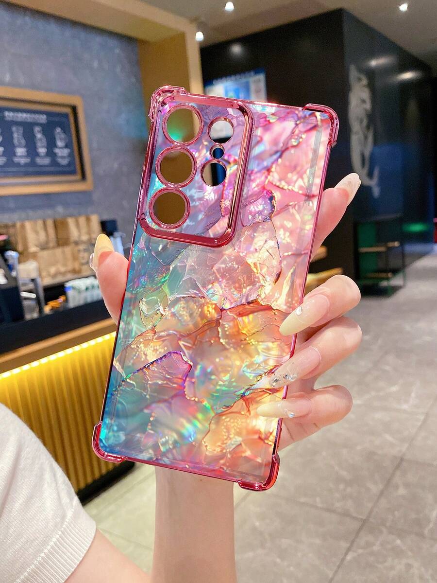 1个蓝紫色大理石渐变防震电镀摄像头UV印刷保护壳,兼容三星/Galaxy/Infinix/红米/OPPO/vivo/Realme,防水防摔防刮,国际版,非国内版 - 粉色 - 查看 1