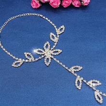 1 Gorgeous Rhinestone Leaf Shaped Toe Chain, Sparkling Bride Ankle Chain Bracelet For Women's Beach Barefoot Accessories - Silver - View 4