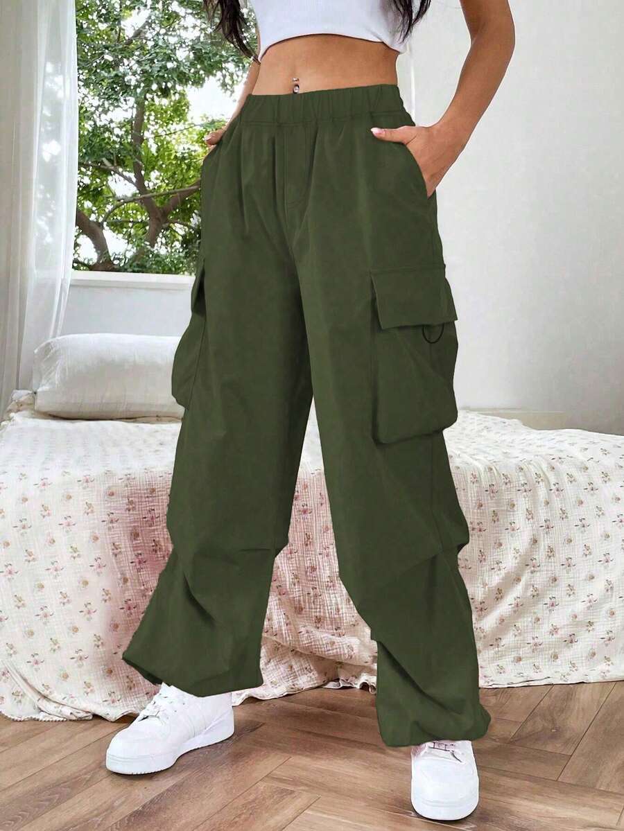 1pc Teen Girls Loose Versatile Flap Pocket Side Drawstring Outdoor Cargo Pants Spring Summer Autumn Winter Back To School - Army Green - View 1
