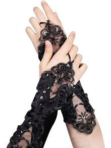 Lace Floral Gloves Fingerless Bridal With Sequin Women Satin Handwear For Wedding Prom Party Vintage Elegant Banquet Performance Ball Mittens Youth Stretchy Short Costume Arm Sleeve, Pink - màu đen - Xem 2