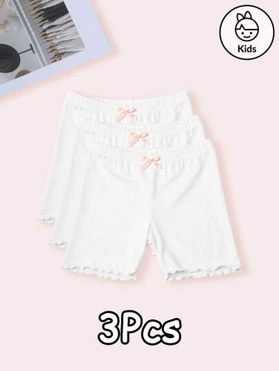 3pcs Girls' White Bow Decor Cute & Sweet Boyshort Panties, Ruffle Trim Underwear, Homewear, Suitable For All Seasons