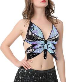 Woms Glitter Sequin Crop Top Low-Cut Top Rave Tube Vest Top Belly Dance Costume Outfits - Đen Hồng Bạc - Xem 8