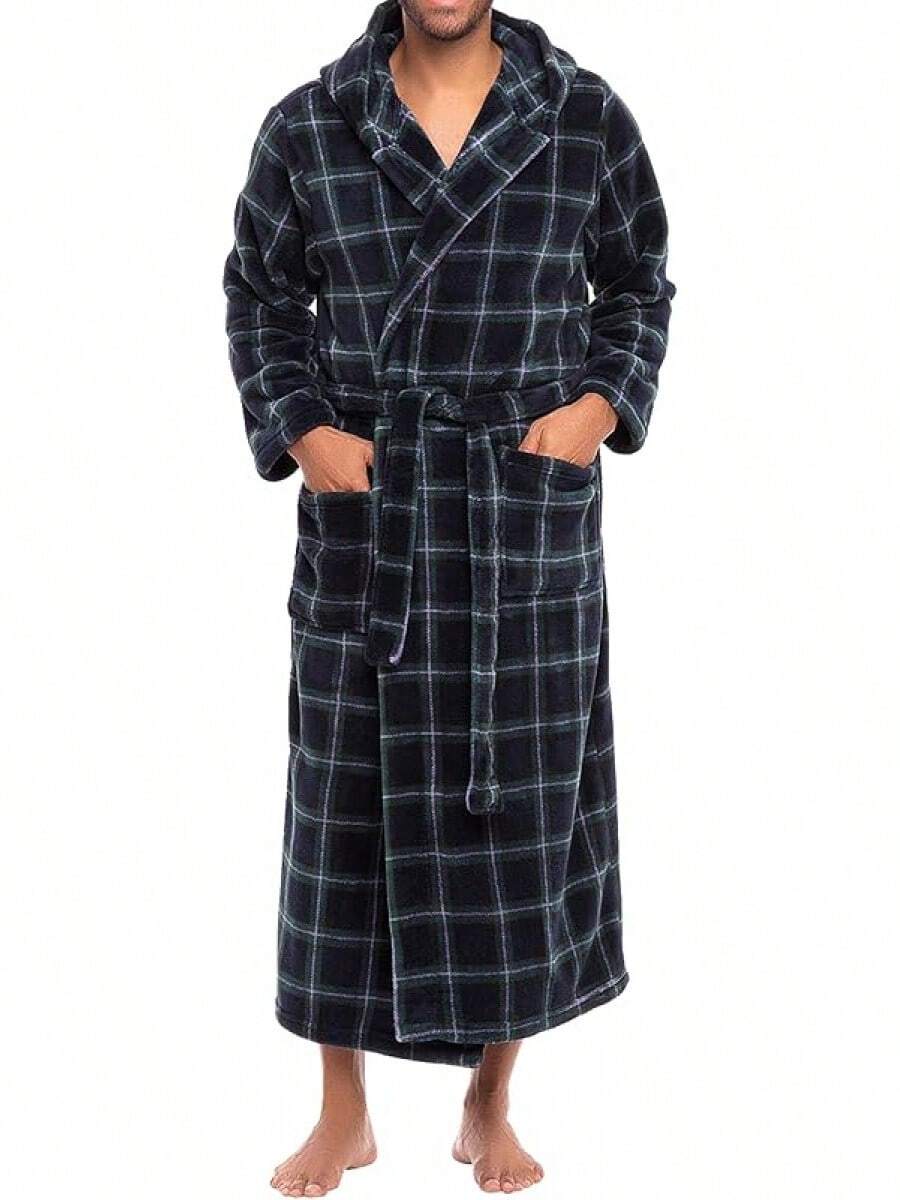 Mens Robe With Hood, Plush Fleece Hooded Mens Bathrobe, Big And Tall Bath Robe For Menhalloween - Blue and Green Tartan Plaid - View 1