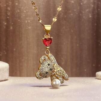 [Titanium Steel] Luxury Rhinestone Studded Cute Bear Pendant Necklace, Fashionable Choker Necklace For Women