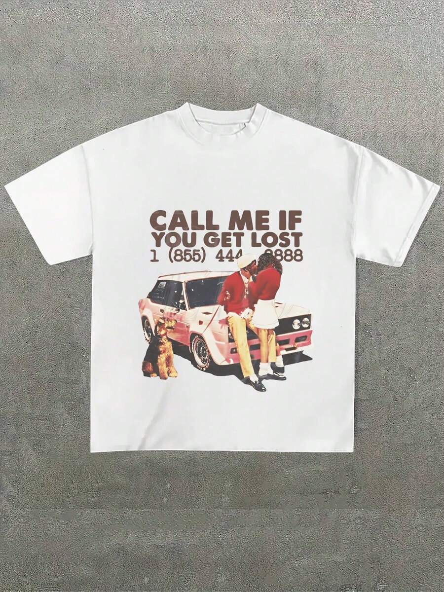 Retro Car-Themed Romantic Graphic Tee,Casual Digital Print Pure Heavy Cotton T Shirt,220g Cotton T-Shirt,Gift,Summer,Unisex - trắng - Xem 1