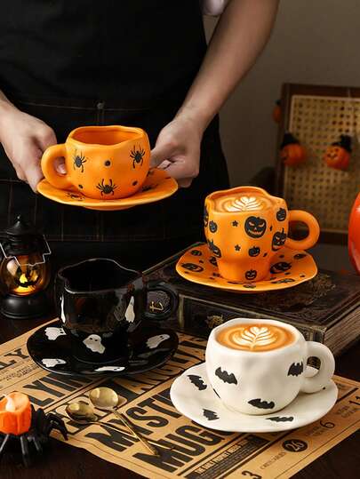 1pc Halloween Ceramic Mug, Bat Spider Ghost Pumpkin Horror Coffee Cup, Asymmetrical Rim Cup, Suitable For Halloween Party, Office, Living Room, Bedroom, Breakfast, Yogurt, Gift