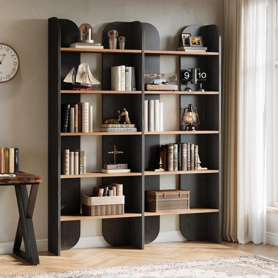 LITTLE TREE 70.87-Inch Tall Bookshelf, 5-Tier Double Wide Bookcase With Open Shelves, Farmhouse Vintage Floor Standing Book Shelf Display Storage Shelving Unit For Home Office Bedroom Study, Black - 黑色+棕色 - 查看 1