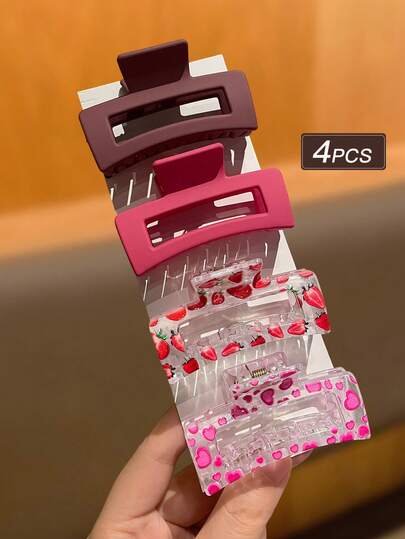 4件装女士红色纯色及印花时尚简约中号方形发爪发饰，适合日常佩戴，推荐作为女士发饰礼品，时尚发夹，秋季发夹，秋季装饰配饰，适合女士冬季度假装扮，女士花朵发夹，夏季