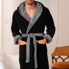Mens Robe With Hood, Plush Fleece Hooded Mens Bathrobe, Big And Tall Bath Robe For Menhalloween - Black With Gray Contrast - View 4