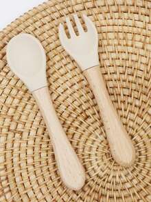 Baby Wood Handle Silicone Spoon And Fork Set For Feeding Training, Independent Eating Children Tableware Set - Multicolor - View 10