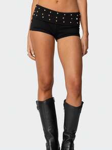 Women Y2K Studded Foldover Micro Shorts Vintage Low Waist Slim Fit Mini Shorts Summer Boxer Short Party Clubwear - 黑色 - 查看 4
