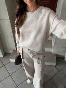 Áo len nữ cổ tròn dáng rộng thoải mái FOR BEAUTY, áo len dài tay kiểu dáng mới mùa thu/đông, thích hợp mặc đi làm và hàng ngày, phù hợp cho dịp năm mới. - Volcanic Gray - Xem 5