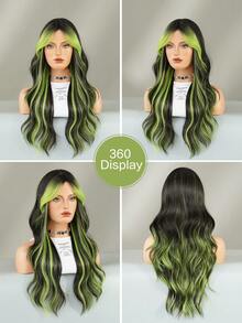 24 Inch Long Wavy Black Green Highlight Wig With Curtain Bangs For Women Heat Resistant Fiber Hairpiece,Natural Synthetic Full Machine Hair Wigs For Daily Music Festival Party Wear, Cosplay Halloween & Street Photography Use - 挑染綠色 - 查看 6