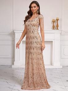 Ladies Sequined Sparkling V-Neck Collar Hand-Threaded Beaded Tassel Slim Fit Waist Long Swing Formal Dinner Party Cocktail Dress