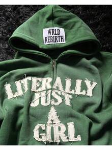 Y2K Hip Hop 3D Letter Print Hoodie - Unisex Oversized Zip-Up Jacket, Streetwear Graphic Pullover - Green - View 3