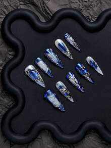 女士手工可佩戴美甲十件套，美甲，夏季，按压式美甲，欧美辣妹风，女士礼物，Y2K法式风格，全覆盖美甲贴纸，可重复使用，黑色杏仁形，黑绿色魔镜粉，猫眼美甲，适合女孩和女士日常佩戴，派对美甲用品，手工按压式美甲 - 藍白色 - 查看 8