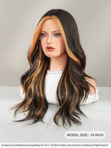 24 Inch Long Wavy Black Golden Highlight Wig For Women Heat Resistant Fiber Middle Part Hairpiece,Natural Synthetic Full Machine Hair Wigs For Daily Music Festival Party Wear, Cosplay Halloween & Street Photography Use - 挑染金色 - 查看 3
