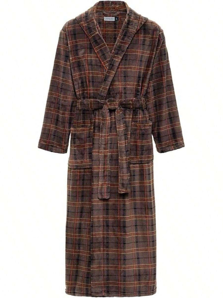 Mens Robe With Hood, Plush Fleece Hooded Mens Bathrobe, Big And Tall Bath Robe For Menhalloween - Espresso Plaid - View 1