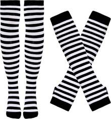 Tongcloud Women's Striped Knee High Socks, Over Knee Thigh High Socks, Arm Warmer And Fingerless Gloves SetHalloween Christmas New Year - 黑色和粉紅色 - 查看 7