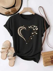 Playera camiseta básica estampada gráfica curvy tallas extra plus size dama mujer manga corta cuello redondo estampado corazon corazones mariposa mariposas animal print leopardo guepardo cheetah chita aesthetic regular casual comoda fresca ligera suave moderna juvenil romantica bohemia salida casa diario dia playa calor primavera verano - Negro - Ver 1