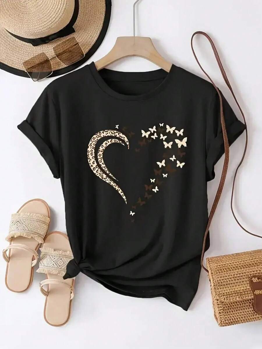 Playera camiseta básica estampada gráfica curvy tallas extra plus size dama mujer manga corta cuello redondo estampado corazon corazones mariposa mariposas animal print leopardo guepardo cheetah chita aesthetic regular casual comoda fresca ligera suave moderna juvenil romantica bohemia salida casa diario dia playa calor primavera verano - Negro - Ver 1