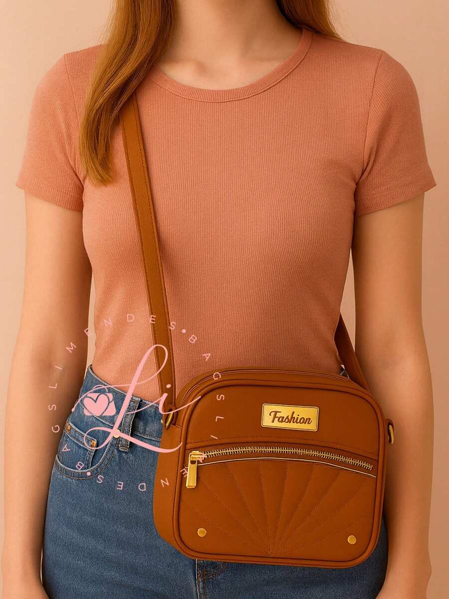 Women's Crossbody Bag With Fashion Embroidery, Modern Design - Camel - View 1