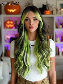 24 Inch Long Wavy Black Green Highlight Wig With Curtain Bangs For Women Heat Resistant Fiber Hairpiece,Natural Synthetic Full Machine Hair Wigs For Daily Music Festival Party Wear, Cosplay Halloween & Street Photography Use - 挑染綠色 - 查看 1