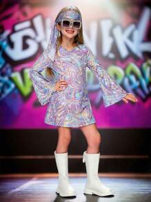 Tween Girl 70s Disco Party Marble Print Dress, Suitable For Christmas, Prom, Birthday Party - Multicolor - View 3