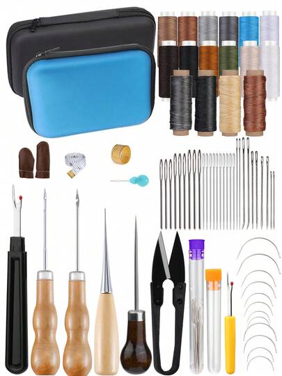 皮革缝纫套件、皮革工具及材料、带大眼针的皮革工作套件、蜡线、皮革装饰修补套件、DIY皮革工艺皮革缝纫工具（卷尺、指套、穿线器等，颜色随机）