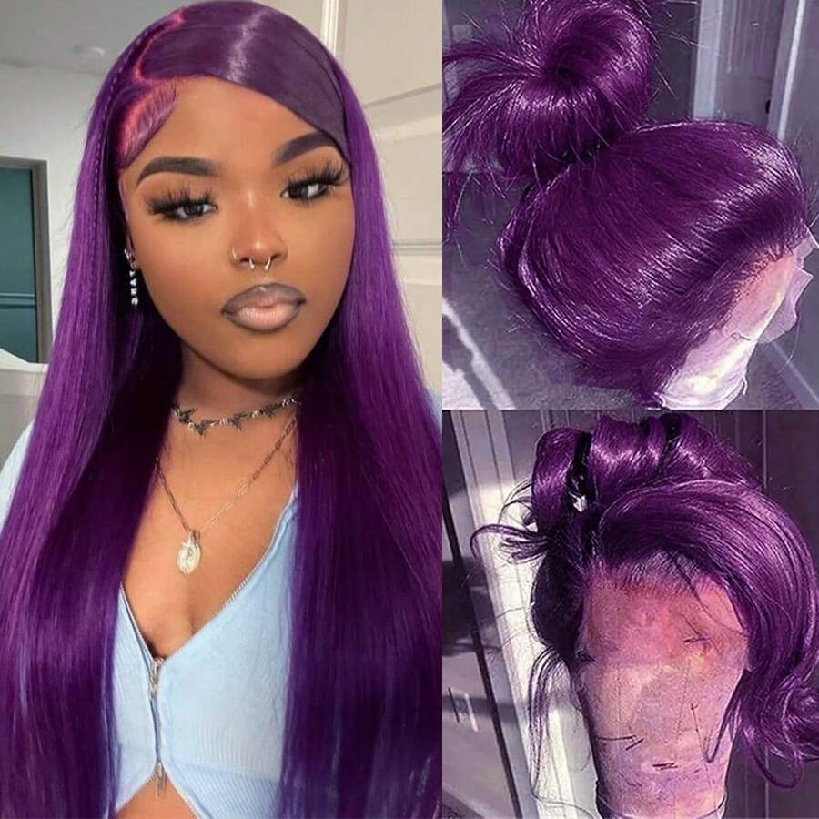 13X6 Free Part Platinum Blonde Lace Front Wigs 28 Inch Pre Plucked Long Straight Hair Wigs Glueless Soft Ash Blonde Colored Wigs Heat Resistant Fiber Hair Synthetic Lace Front Wigs For Women For Daily Christmas Party Cosplay Use - 紫羅蘭色 - 查看 1