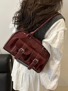 1 buah Tas Tote Minimalis Vintage dengan Resleting, Dilengkapi Kantong dan Dua Pegangan, Cocok untuk Penggunaan Sehari-hari Wanita, Baik untuk Aktivitas Kasual maupun Komuter. - Burgundy - View 6