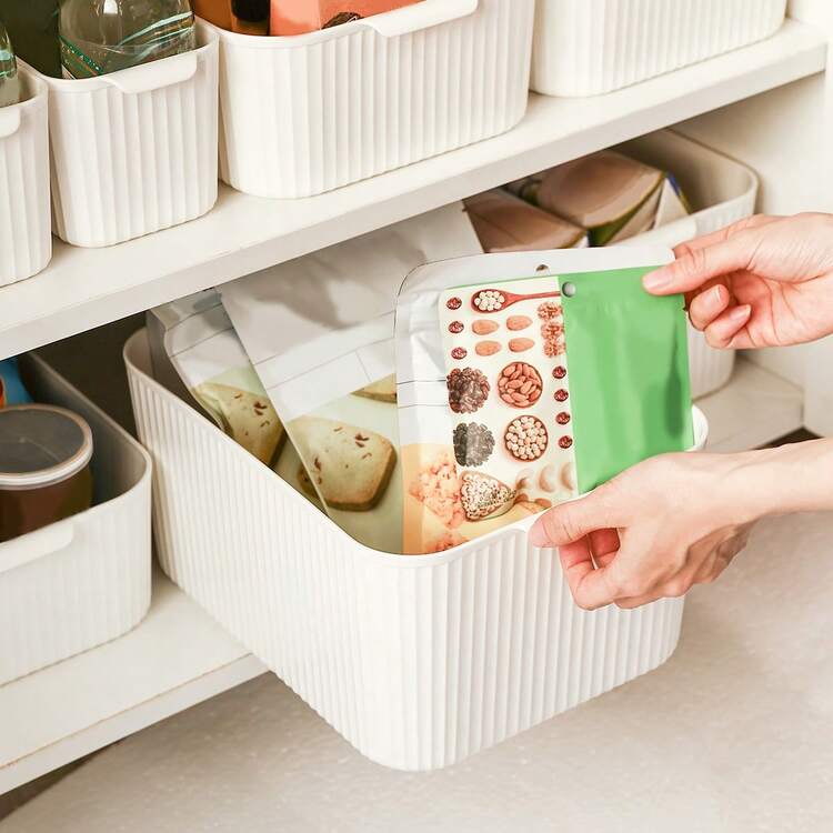 1/2/3pcs Multifunctional Plastic Storage Box With Handle, Stackable Bathroom Cosmetics Storage Box, Cabinet Storage Container For Food, Snack & Fruit, Kitchen Sauce Bottle & Seasoning Jar Storage Basket, Refrigerator Storage Organization, Space Saving, Suitable For Student And Adult Use In Home, Kitchen, Bathroom, Bedroom, Dorm, Office - White - View 5