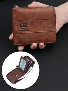 Men's Vintage Wallet, Business Style Letter Embossed Classic Credit Card Holder, Short Zipper Coin Purse