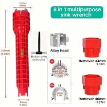 Bộ dụng cụ vặn ốc bồn rửa 8 trong 1 bằng hợp kim nhôm màu đỏ - Cấu trúc thép bền chắc với tay cầm cao su thoải mái, tiện lợi cho việc lắp đặt và sửa chữa phòng tắm, dụng cụ sửa chữa đường ống nước cho bồn rửa nhà bếp và phòng tắm, dụng cụ vặn ốc vòi nước hiện đại. - Đỏ - Xem 3