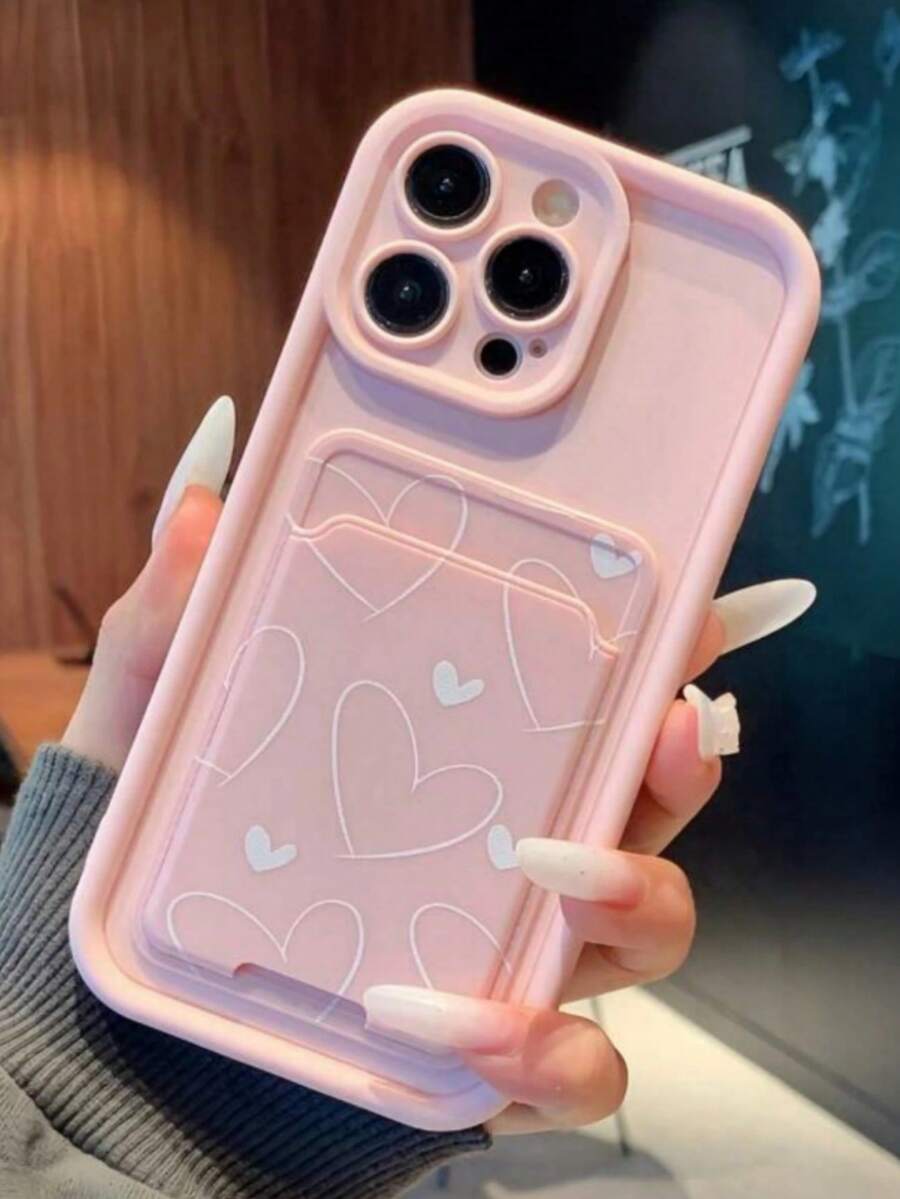 (Card Holder Phone Case) 2-Piece Set: White Heart Design Phone Case + Adhesive Card Holder Compatible With Apple 13 Series, 11/11 Pro Max, 12/12 Pro/12 Pro Max, 14/14 Pro/14 Pro Max, 15/15 Pro/15 Pro Max, 16/16 Pro/16 Pro Max Waterproof Shockproof Anti-Fall Scratch Resistant,International Version, Not The Domestic Version - Multicolor - View 1