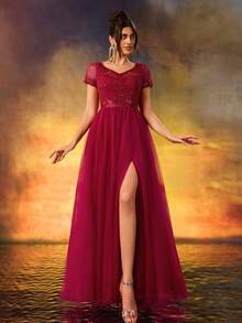 Modest Sequins Beaded Evening Gown V-Neck Waist With Stretch A Swing Party Dress For Birthday Party,Wedding Guest,Red Carpet - Burgundy - View 5