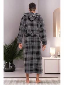 Mens Robe With Hood, Plush Fleece Hooded Mens Bathrobe, Big And Tall Bath Robe For Menhalloween - Gray Plaid - View 3