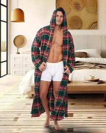 Mens Robe With Hood, Plush Fleece Hooded Mens Bathrobe, Big And Tall Bath Robe For Menhalloween - Forest Tartan Plaid - View 8