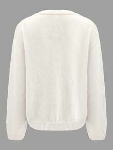 Cardigan de malha casual solto, cor lisa, decote em V, abotoamento simples - Branco - Ver 6