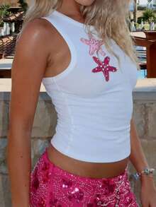 Women Y2k Sequin Tank Top Starfish Seashell Embroidered Bead Tank Top Aesthetic Ribbed Sleeveless Slim Fit Crop Tops Summer Going Out Beach Top - trắng - Xem 2