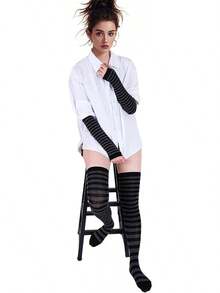 Tongcloud Women's Striped Knee High Socks, Over Knee Thigh High Socks, Arm Warmer And Fingerless Gloves SetHalloween Christmas New Year - 黑色和灰色 - 查看 4
