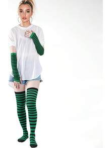 Tongcloud Women's Striped Knee High Socks, Over Knee Thigh High Socks, Arm Warmer And Fingerless Gloves SetHalloween Christmas New Year - 黑色和綠色 - 查看 5