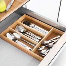 Bandeja para cubiertos de bambú: utensilios de cocina, cubertería, organizador de cajones para cubiertos, divisores, organizador para guardar y organizar cubiertos, cucharas, utensilios y aparatos. - 4 cuadrículas - Ver 8