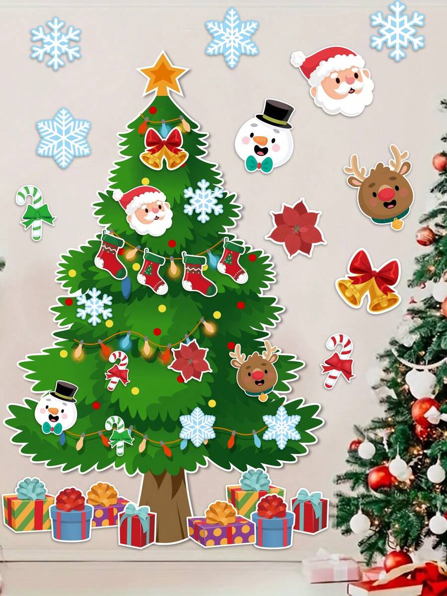 1 set Autocollant mural d'arbre de Noël, décoration murale d'arrière-plan avec arbre de Noël, Père Noël, bonhomme de neige, design de cerf, décoration de rénovation de chambre DIY pour Noël, autocollant pour salon, chambre à coucher, salle à manger et entrée, décoration de Joyeux Noël, décoration de Noël pour la maison - Multicolore - Voir 1