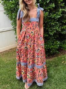 Women Summer Boho Maxi Dress Floral Tie Shoulder Flowy Long Dress Square Neck Ruffle Tiered Beach Sundress - 紅色 - 查看 1