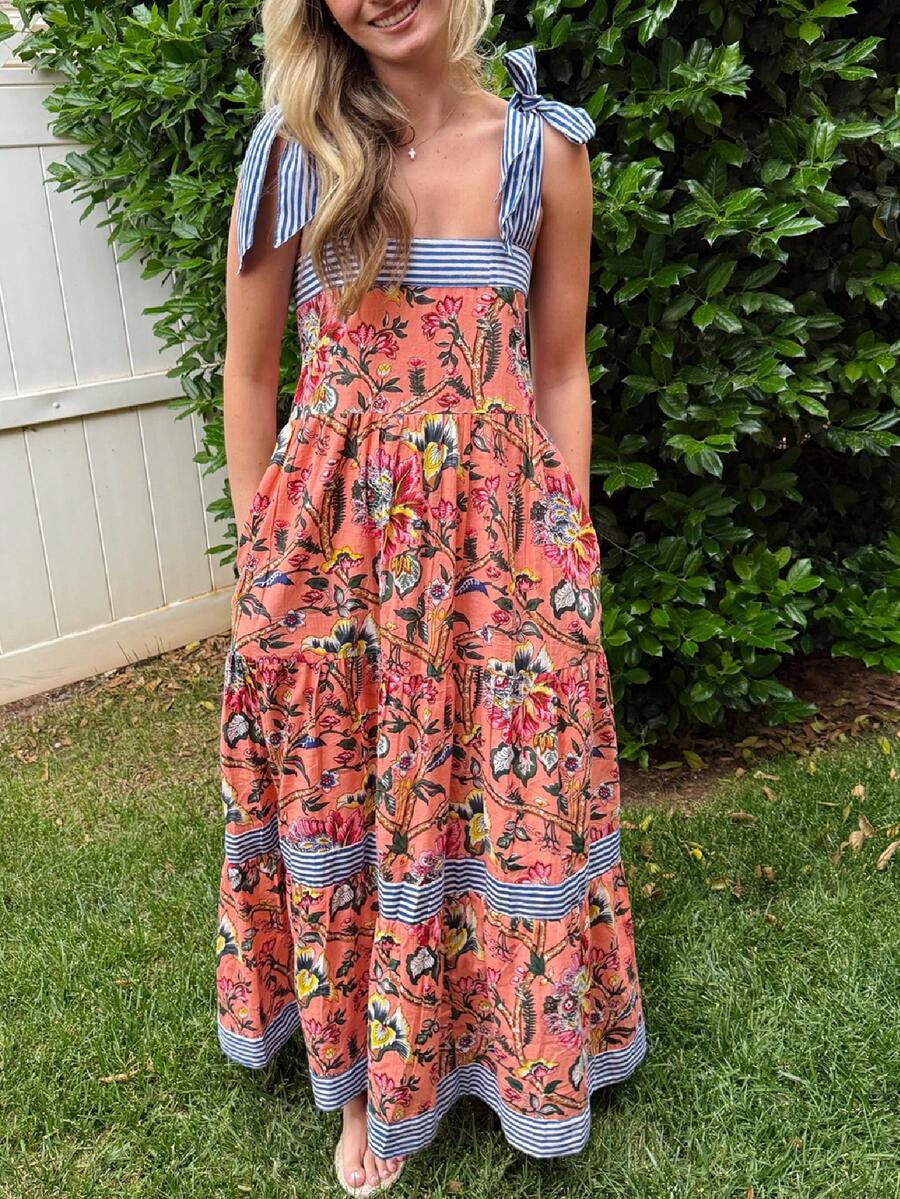 Women Summer Boho Maxi Dress Floral Tie Shoulder Flowy Long Dress Square Neck Ruffle Tiered Beach Sundress - 紅色 - 查看 1
